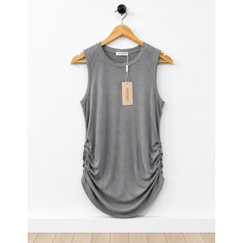 New Ekouaer Women's Ruched Sleep Shirt Nightgown Ribbed Sleeveless  XL Gray